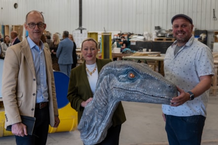 Cabinet Secretary for Economy, Energy and Planning, Rebecca Evans with Owner of Wild Creations, Matt Wild and Business in Focus CEO, Phil Jones