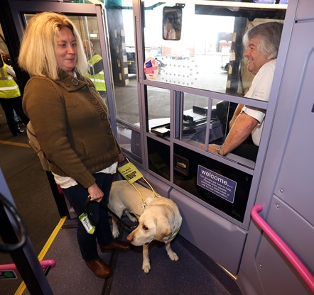 Verity with guide dog Ted and Keith Sheard of First York2