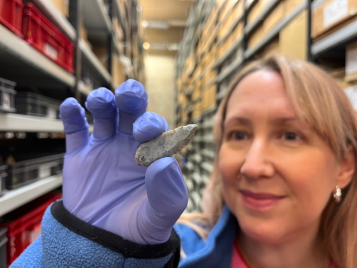 ELOR archive: Among the oldest discoveries they made was an Early Neolithic, leaf-shaped arrowhead. Carefully shaped from flint around 6,000 years ago, each individual knapping mark, the ancient process used to shape and sharpen stone, is still clearly visible along its keen edges. Kat Baxter, Leeds Museums and Galleries' curator of archaeology is shown here with the find.