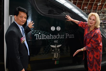 Joanna Lumley, Vice Patron of the Gurkha Welfare Trust, with Tulbahadur Pun's son Arjun