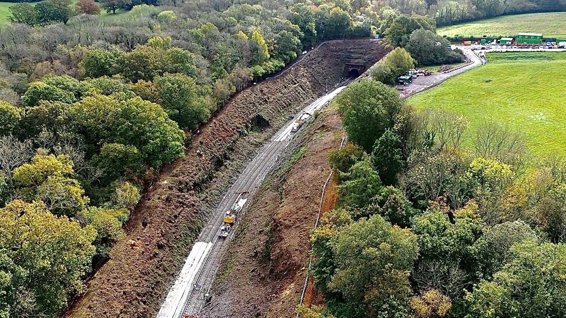 Thank you to passengers as Hastings line reopens following landslip prevention project: Wadhurst London aerial half completion