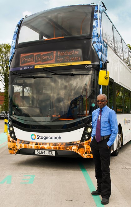 Cornel Grant helping to mark Stagecoach Manchester's 25th anniversary