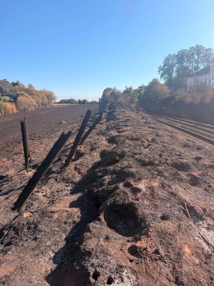 Fire damaged railway embankment in Stourbridge