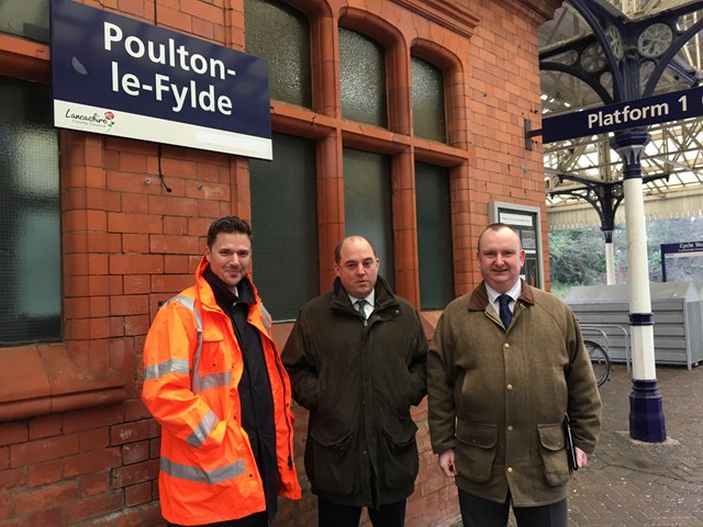 Mick Butler from Network Rail with Ben Wallace MP and Cllr Alf Clempson at Poulton Station
