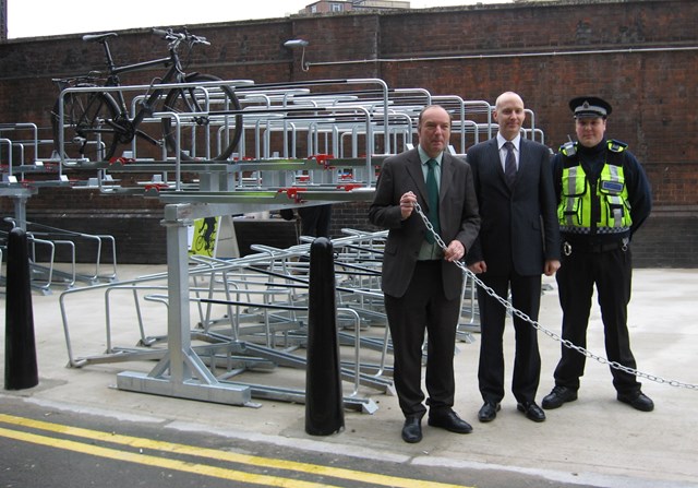 Norman Baker Opens New Cycle Parking Facilities at Waterloo Station: (From Left) Norman Baker, Transport Minister,  Mike Goggin, Director of Stations and Customer Service and a British Transport Police Officer formally open the new cycling facilities at Waterloo station