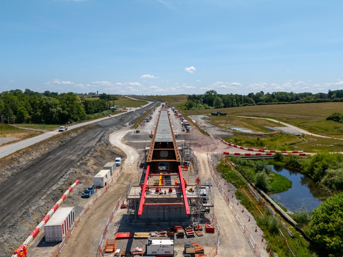 Aerial view of Lower Thorpe Viaduct looking along the deck during the slide June 2025
