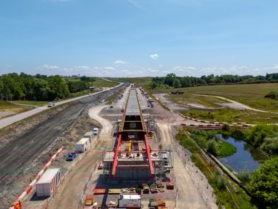 Aerial view of Lower Thorpe Viaduct looking along the deck during the slide June 2025: Aerial view of Lower Thorpe Viaduct looking along the deck during the slide June 2025