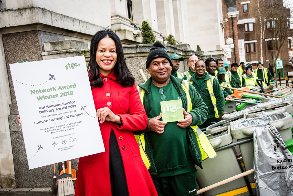 Cllr Claudia Webbe with Islington street sweepers following Islington's award from Keep Britain Tidy for Outstanding Service Delivery