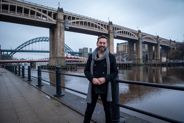 Hit railway TV series showcases history of iconic North East landmark: Tim Dunn and High Level Bridge, photo credit: UKTV