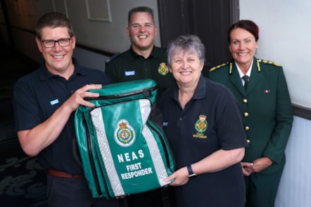 Community first responders Dunmail Hodkinson and Susan Bainbridge (front row) with Michael Elvidge, NEAS community resuscitation training officer, and Vicky Court, deputy chief operating officer