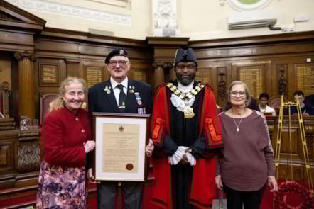 David John Dade with, from left, Cllr Una O'Halloran, Mayor of Islington Cllr Jason Jackson and David's wife Betty.