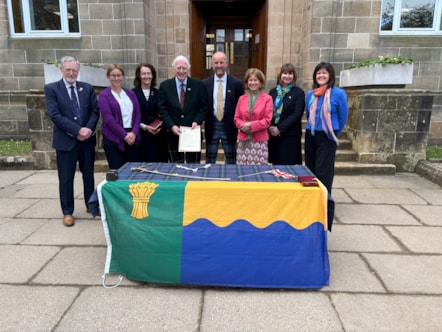 The handover from the previous Lord-Lieutenant to the new team was watched over by Moray Council officials.

L-R: Cllr John Cowe, Civic Leader of Moray Council; Cllr Kathleen Robertson, Leader of Moray Council; Nancy Robson, former Vice Lord-Lieutenant of Moray; Major General Seymour Monro CBE LVO, 