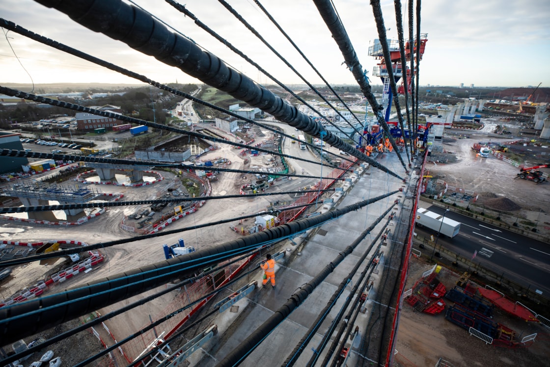 Looking down from the temporary support structure during the assembly of the Water Orton viaducts