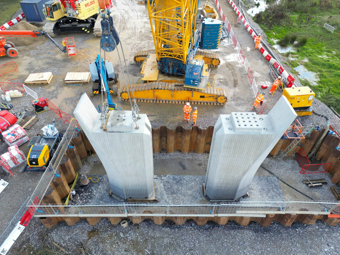 Aerial view of Edgcote Viaduct piers being installed (October 2024) DJI 0070