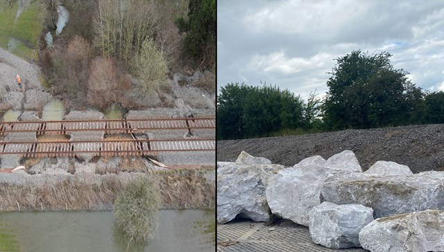 Multi-million-pound flood protection project gets underway on mid Wales railway following devastating winter storm damage: Rock armour PR header image