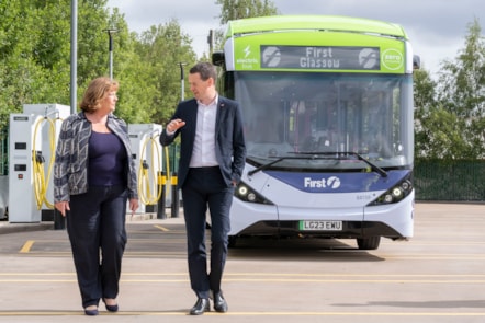 Transport Minister Fiona Hyslop and First Bus Scotland MD Duncan Cameron at the launch of electrified Scotstoun Depot