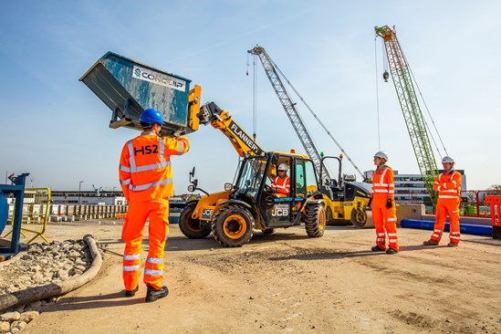HS2 contractors lead the way achieving gold for sustainability: An electric digger being demonstrated on site, Victoria Road