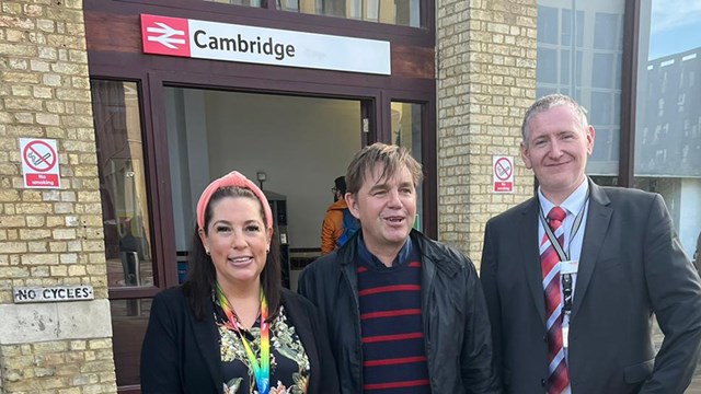 Arriving at Cambridge station. From l to r - Katie Frost, Network Rail Anglia route director; Dr Nik Johnson, Mayor of Cambridgeshire and Peterborough; Thomas Shannon, Network Rail Anglia route operations manager