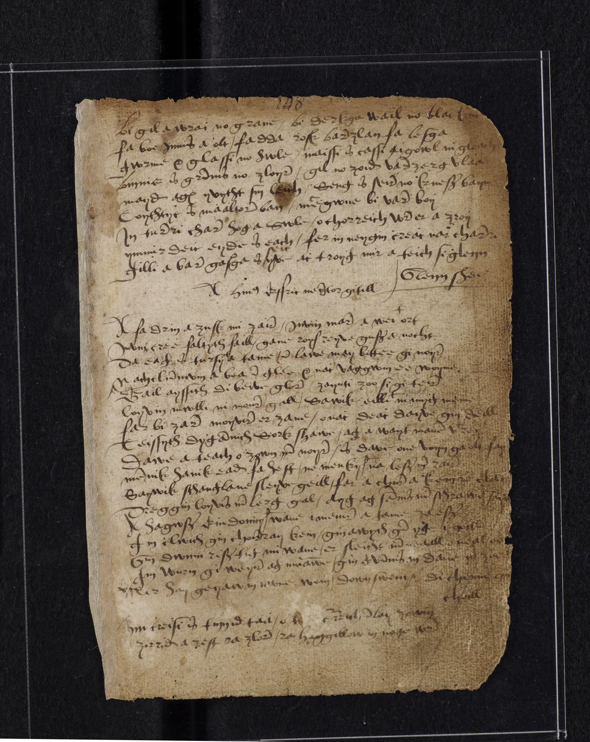 A page from the 16th-century Book of the Dean of Lismore. Its scribes used the Roman script of the time, and a system of spelling based on the contemporary Older Scots language.
The page shows the beginning of the moving lament of Aiffric Nic Coirceadail for her husband Niall Óg MacNeill (15th cen