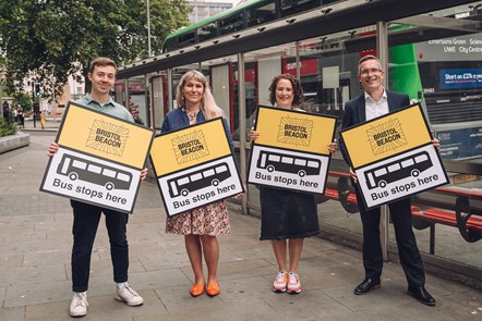 First Bus and Bristol Beacon sustainable transport launch; from left: Bristol Beacon’s Ciaran Austin, Rosa Corbishley, Sarah Robertson, and First West of England’s Rob Pymm