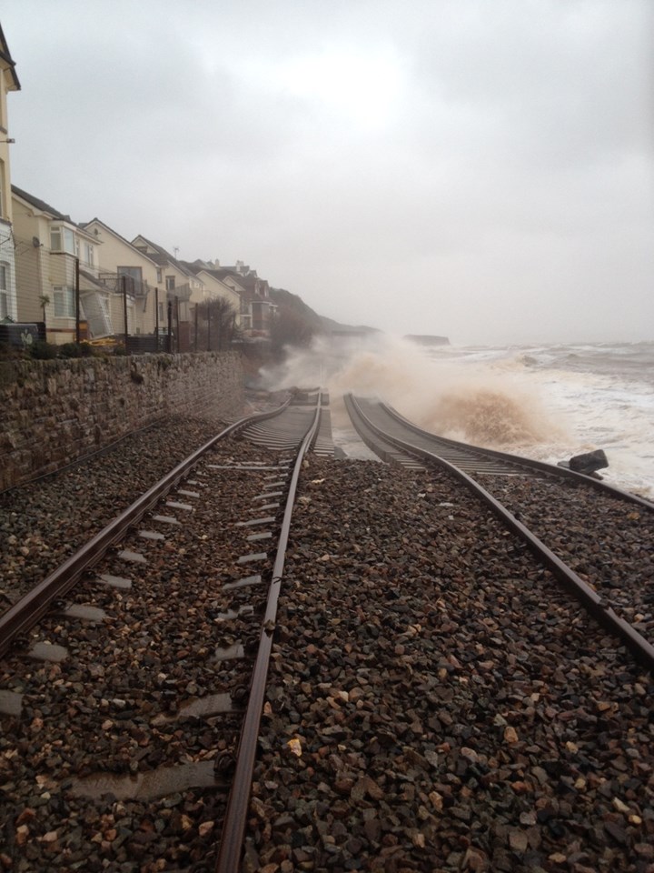 Engineers working to restore rail services in Devon and Cornwall: Damage to the railway at Dawlish - 4 February 2014