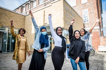 Students at Highbury Fields School celebrate A Level results with Cllr Michelline Ngongo (L) and Cllr Kaya Comer-Schwartz, Leader of Islington Council (R)