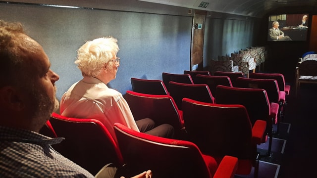 Steve Foxon and father Rob Foxon in the cinema coach. C Martin Rouse: Steve Foxon and father Rob Foxon in the cinema coach. C Martin Rouse