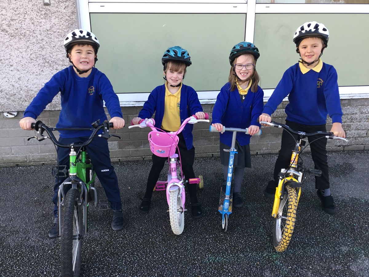 Cullen Primary School pupils: Cullen Primary School pupils celebrate Gwen Mayor Memorial Trust funding for new cycling helmets.

L-R:  Brodie McKandie, Darcy Farren, Freya Murray and Samson Irwin