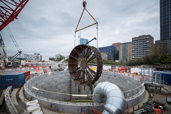 280-tonne crane lifting shutter down Victoria Road Crossover Box vent shaft.