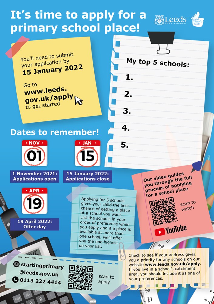 Leeds School Admissions Primary Worksheet: Stick this handy worksheet on your fridge so that all the info you need to apply for a primary school place for September 2022 is together in one place!
