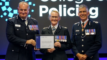 (L-R) Chief Constable Sir Stephen Watson, Service Director for ELP, Chief Constable Serena Kennedy, Cohort Director, and Chief Constable Sir Andy Marsh, CEO of the College of Policing, at the graduation.