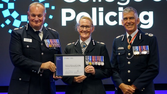 (L-R) Chief Constable Sir Stephen Watson, Service Director for ELP, Chief Constable Serena Kennedy, Cohort Director, and Chief Constable Sir Andy Marsh, CEO of the College of Policing, at the graduation. cropped