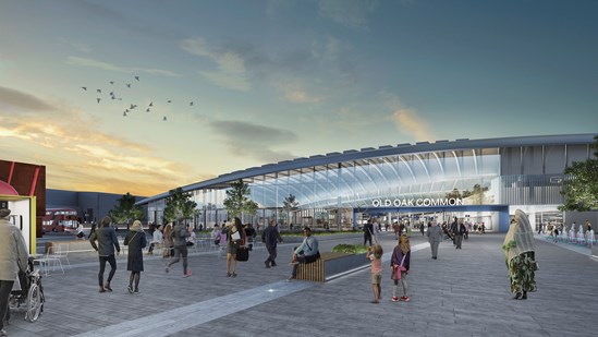 Start of construction at HS2’s London super-hub moves a step closer as Old Oak Common station planning submission is submitted: Old Oak Common Station Exterior Night January 2020