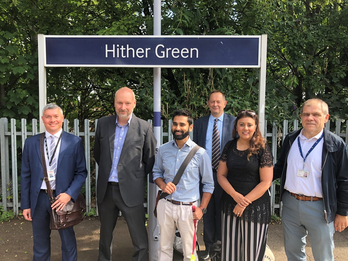 Accessibility Minister visits South East London to mark first anniversary of government’s Inclusive Transport Strategy: Rob Sue (Network Rail), David Statham, Dr Amit Patel, Anthony Smith (Transport Focus), Nus Ghani MP and Justin Ryan at Hither Green