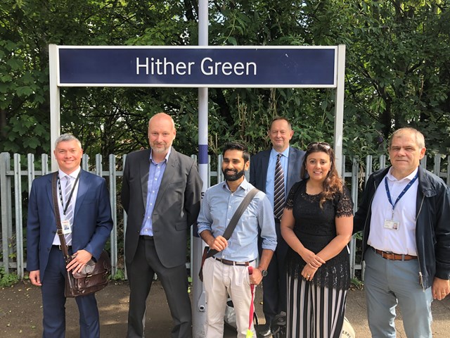 Accessibility Minister visits South East London to mark first anniversary of government’s Inclusive Transport Strategy: Rob Sue (Network Rail), David Statham, Dr Amit Patel, Anthony Smith (Transport Focus), Nus Ghani MP and Justin Ryan at Hither Green
