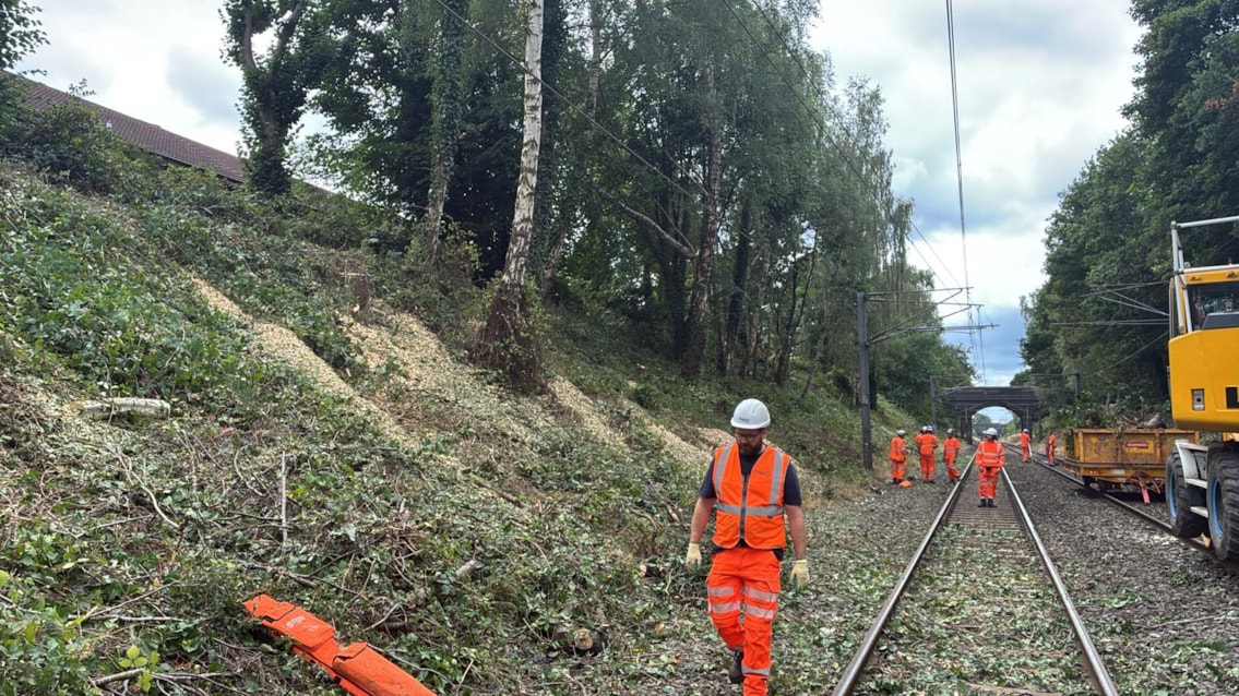Network Rail engineers removing vegetation from the Cross City line between Birmingham and Lichfield