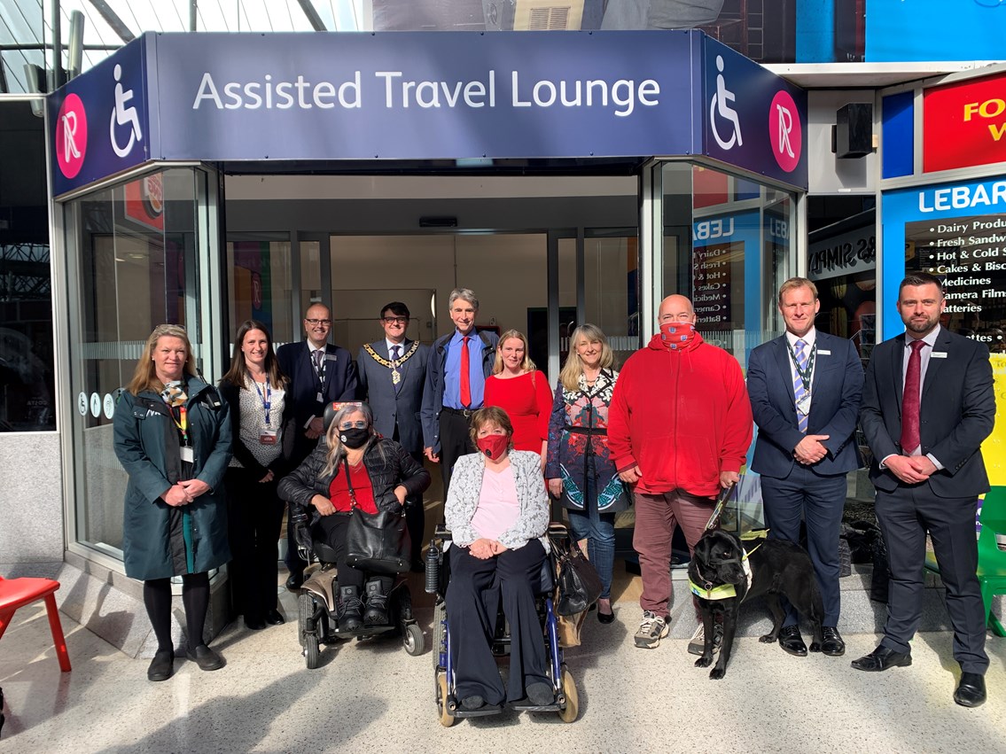 Group shot of those attending official opening of Assisted Travel Lounge at Reading station: (l-r)
Dianne Osgood, GWR Customer Ambassador; Bernadette Sachse, Network Rail’s Stations Transformation Insights Lead; Mike Gallop, Network Rail’s Western route and strategic operations director; Councillor Helen Bryant, Access Officer; Mayor of Reading, Councillor David Stevens; Councillor Tony Page, Deputy Leader of Reading Borough Council; Patricia White, Reading Borough Council Disabilities Working Group member; Councillor Rachel Eden, Reading Borough Council Former Disabilities Working Group Chair; Councillor Karen Rowland, Lead Councillor for Culture, Heritage & Recreation; Stuart Pearce, Reading Borough Council Disabilities Working Group member; Phil Delaney, GWR Commercial Director; David Pinder, GWR Station Manager.