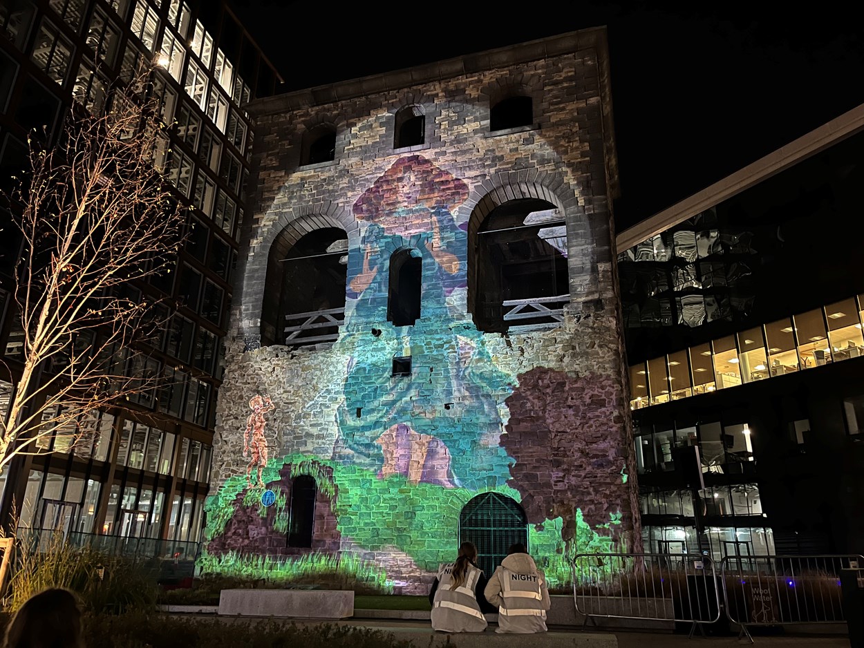 Light Night 2022: Zauberin des Mondes (Sorceress of the Moon) on the lifting tower at Wellington Place, one of 50 stunning illuminated installations which transformed Leeds city centre during one of the country's biggest annual arts events.