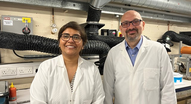 Dr Dipa Roy (left) and Professor Vasileios Koutsos in the materials lab at UoE-2