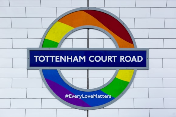 TfL marks Pride Month and 10 years of diversity traffic signals with a new Art on the Underground audio tour celebrating LGBTQIA+ perspectives: TfL Image - LGBTQIA Roundel at Tottenham Court Road station