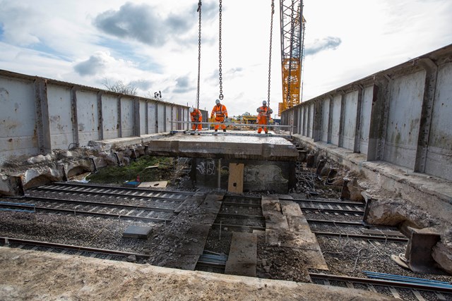 Easter works - Trans Pennine Electrification - demolition of Brumber Hill bridge