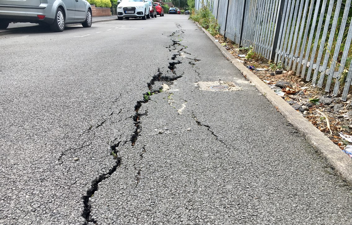 No more cracks in the Potteries: moving railway embankment stabilised in Stoke-on-Trent: The cracked road in West Parade in 2018