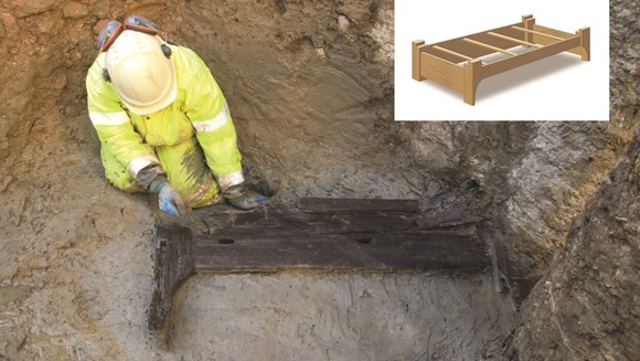 First complete Roman funerary bed among extraordinary new archaeological discoveries in central London: Composite image of the funerary bed being excavated and a reconstruction ©MOLA