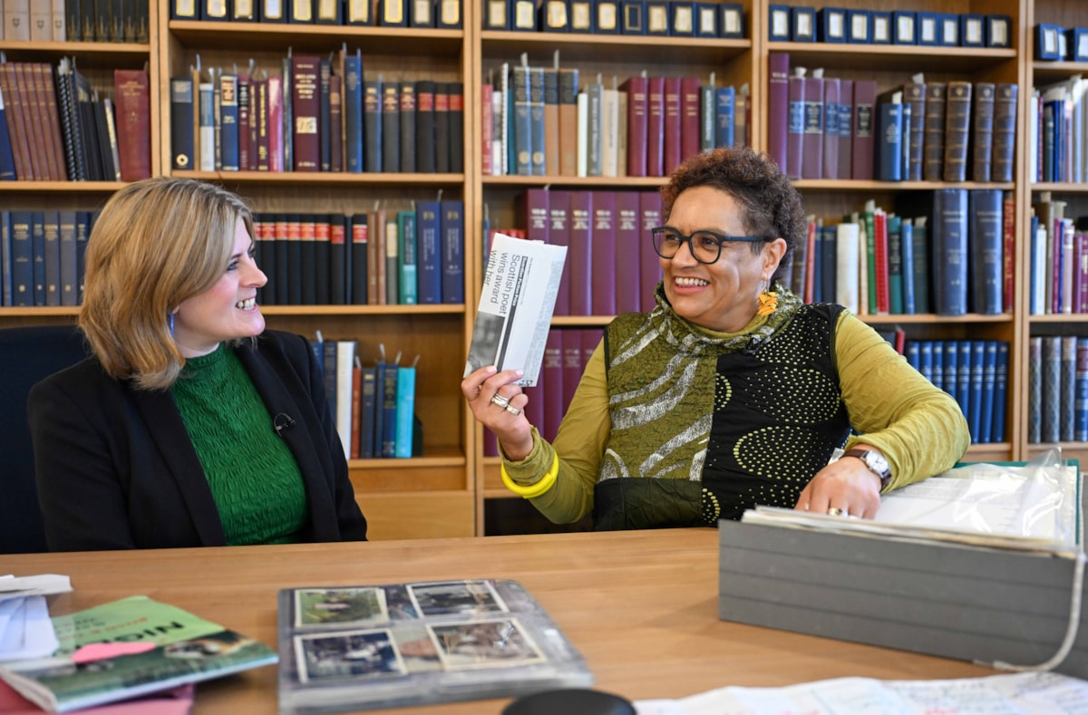 Poet and novelist Jackie Kay at the National Library of Scotland with National Librarian Amina Shah (left). The National Library has acquired Jackie Kay's literary archive for the national collections. Credit: Neil Hanna