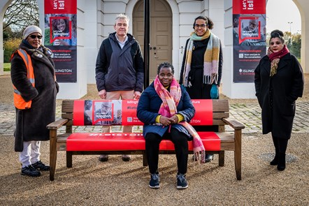 Let's Talk Islington launch in Caledonian Park with (L-R) Jessica Plummer, parent champion and anti-knife-crime campaigner; Paul O'Brien of Sunflour Bakery in Caledonian Road; Gladys Cobbina-Agyemang (seated), of the Black Women's Link Project; Cllr Kaya Comer-Schwartz, Leader of Islington Council; 