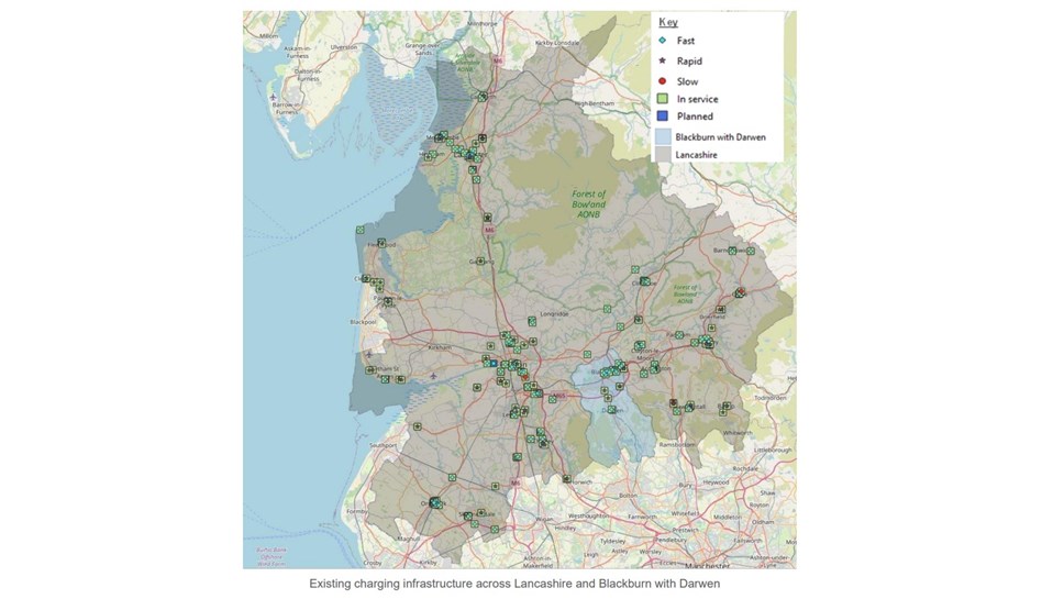 The existing electric vehicle charging infrastructure across Lancashire and Blackburn with Darwen