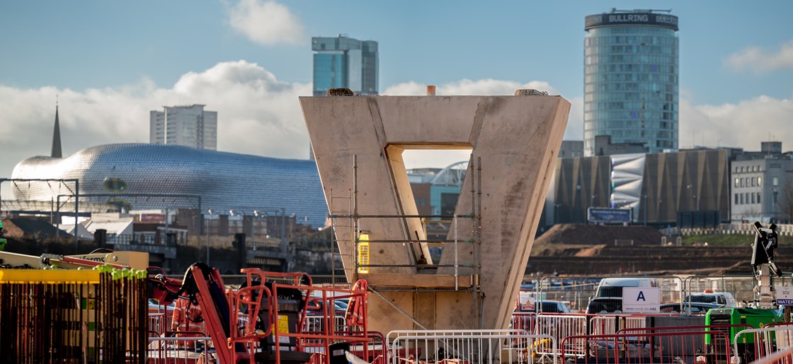 First pier of the Curzon 3 viaduct with Birmingham skyline