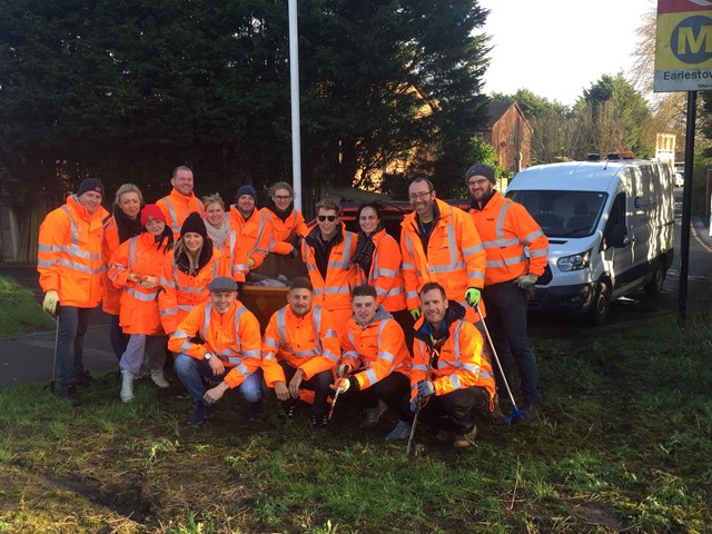 Communications team litter pickers from Network Rail's london North Western route business at Earlestown station