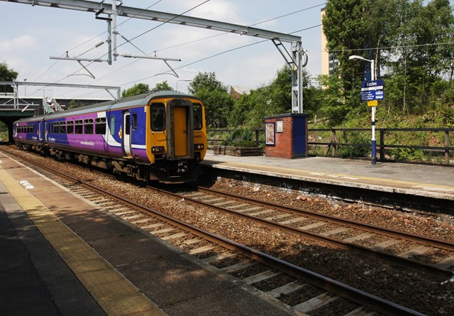 Eccles station, where a plaque marks the electrificaton of the line - July 2013: Eccles Station, where a plaque was unveiled commemorating the electrification of the former Liverpool and Machester Railway