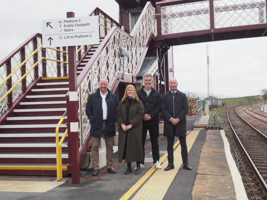 Horton bridge: L-R Mark Gibbons, National Operations Director for Heidelberg Materials in the UK with Network Rail's Emma Harding, David Skaith, Mayor of York and North Yorkshire and Darren Alsopp from Northern